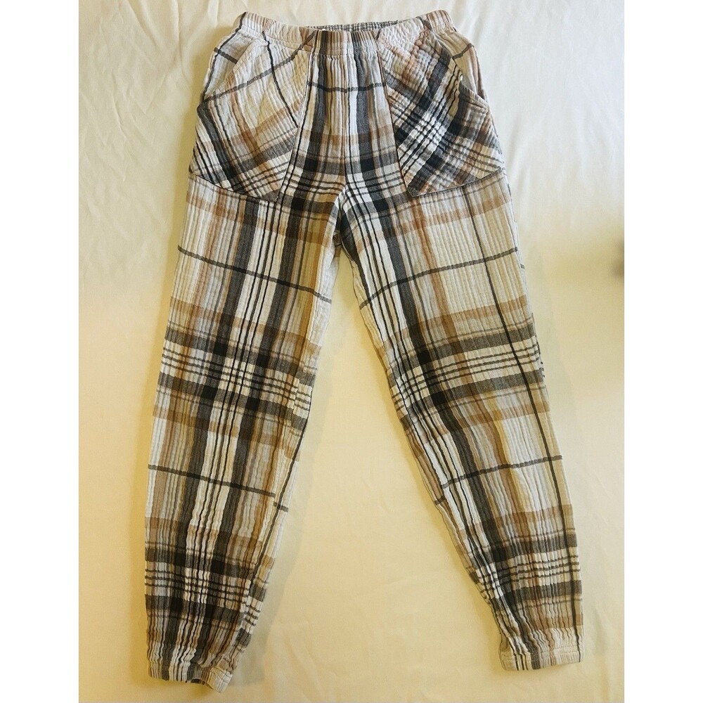 Aerie  Jogger Lounge Pants XS/S Brown Beige Plaid Pockets 100% Cotton Cozy Soft